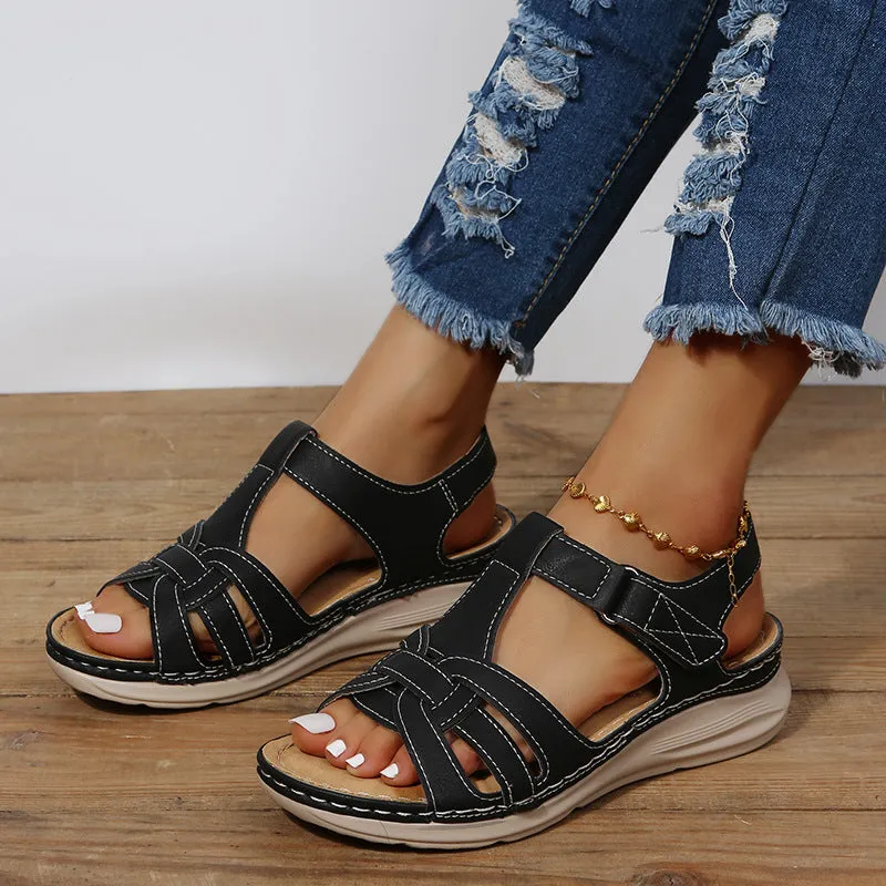 Women wedge sandals hollow magic tape peep toe walking sandals