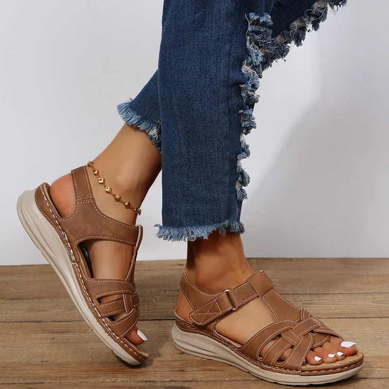 Women wedge sandals hollow magic tape peep toe walking sandals