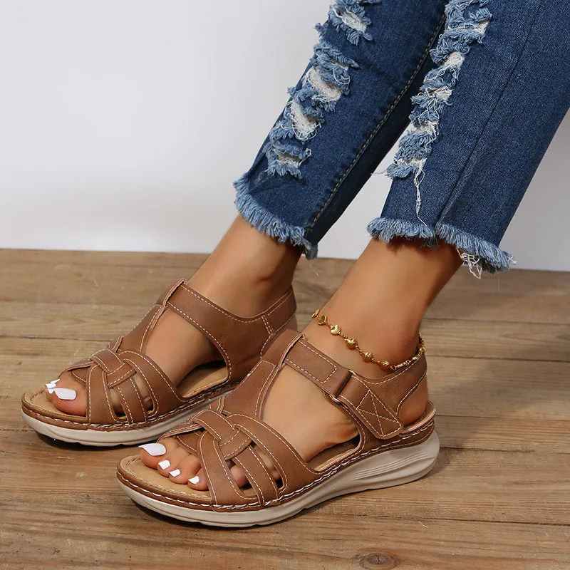 Women wedge sandals hollow magic tape peep toe walking sandals