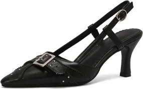 Women's Black Heels, Elegant Bow Pointed-Toe Heels, Sexy Vintage Studded Kitten Heels, Dress Party Wedding Work Backless Mule Pumps