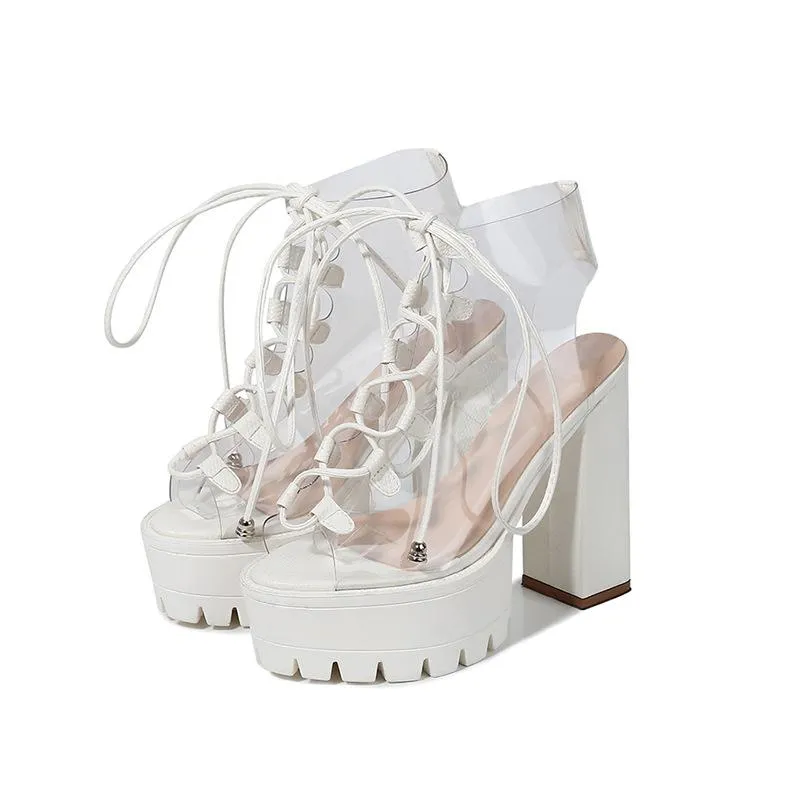 Women's chunky high heel peep toe lace-up summer sandals booties
