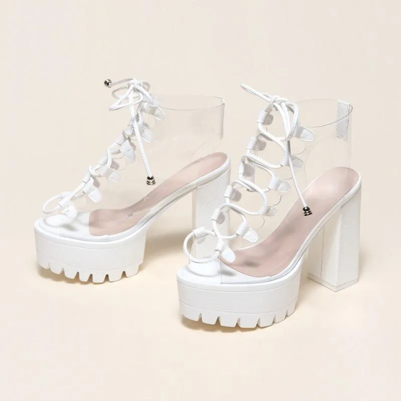 Women's chunky high heel peep toe lace-up summer sandals booties