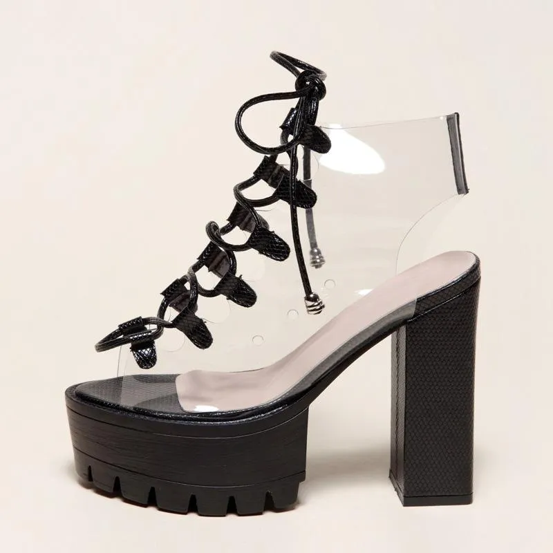 Women's chunky high heel peep toe lace-up summer sandals booties