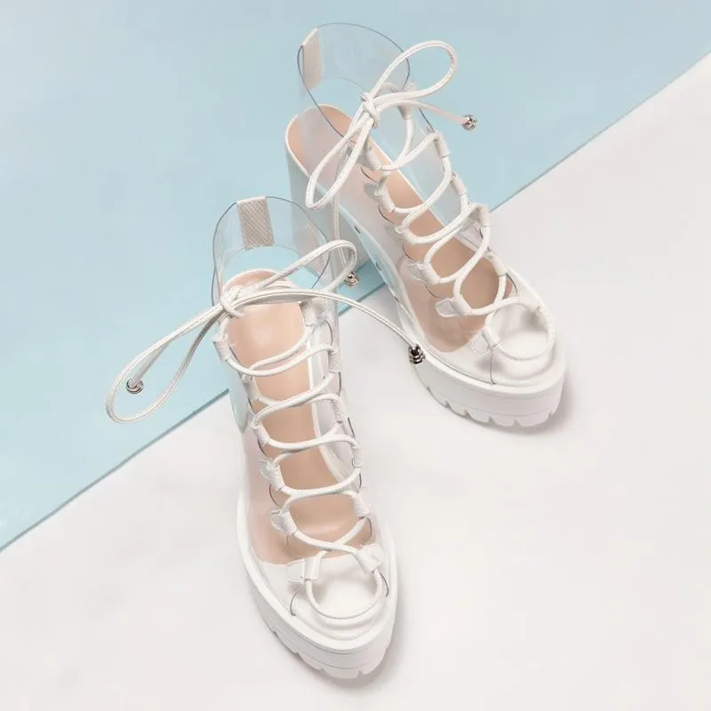 Women's chunky high heel peep toe lace-up summer sandals booties