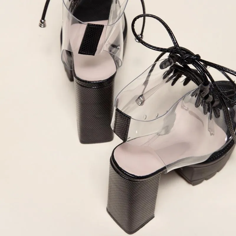 Women's chunky high heel peep toe lace-up summer sandals booties
