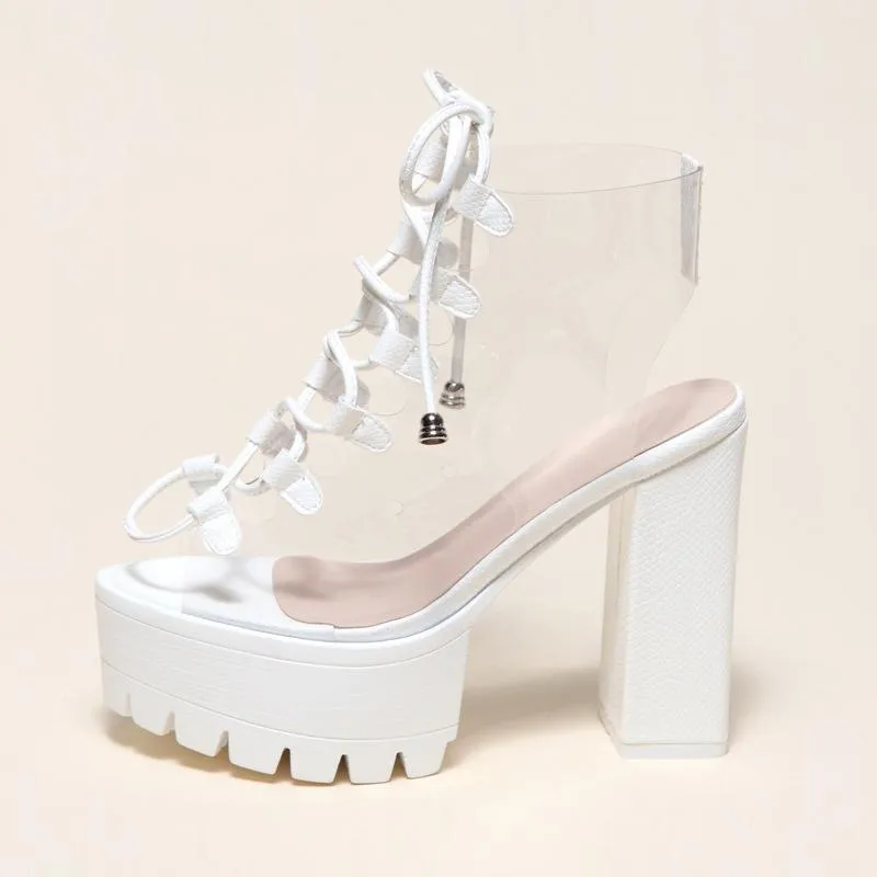 Women's chunky high heel peep toe lace-up summer sandals booties