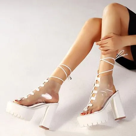 Women's chunky high heel peep toe lace-up summer sandals booties