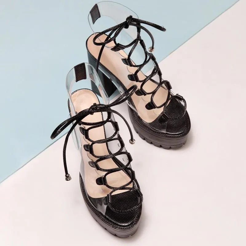Women's chunky high heel peep toe lace-up summer sandals booties