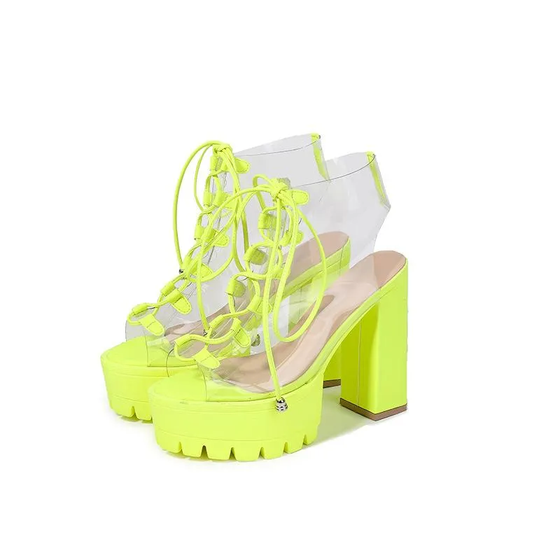 Women's chunky high heel peep toe lace-up summer sandals booties
