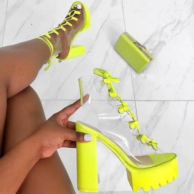 Women's chunky high heel peep toe lace-up summer sandals booties