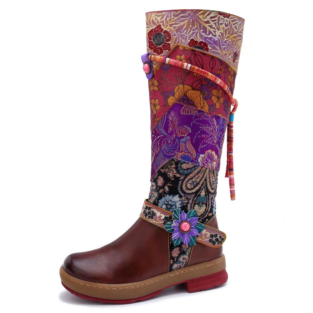Women's ethnic red flower embroidery tassels knee high boots