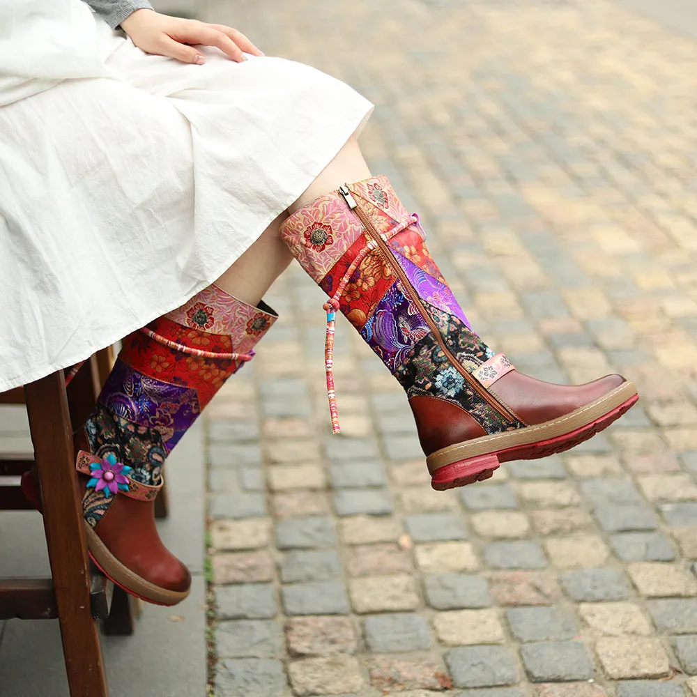 Women's ethnic red flower embroidery tassels knee high boots