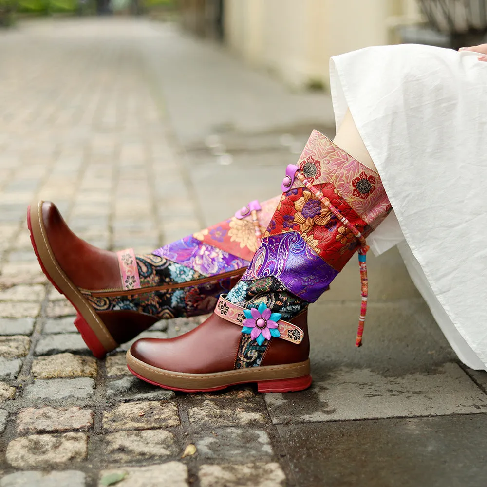 Women's ethnic red flower embroidery tassels knee high boots