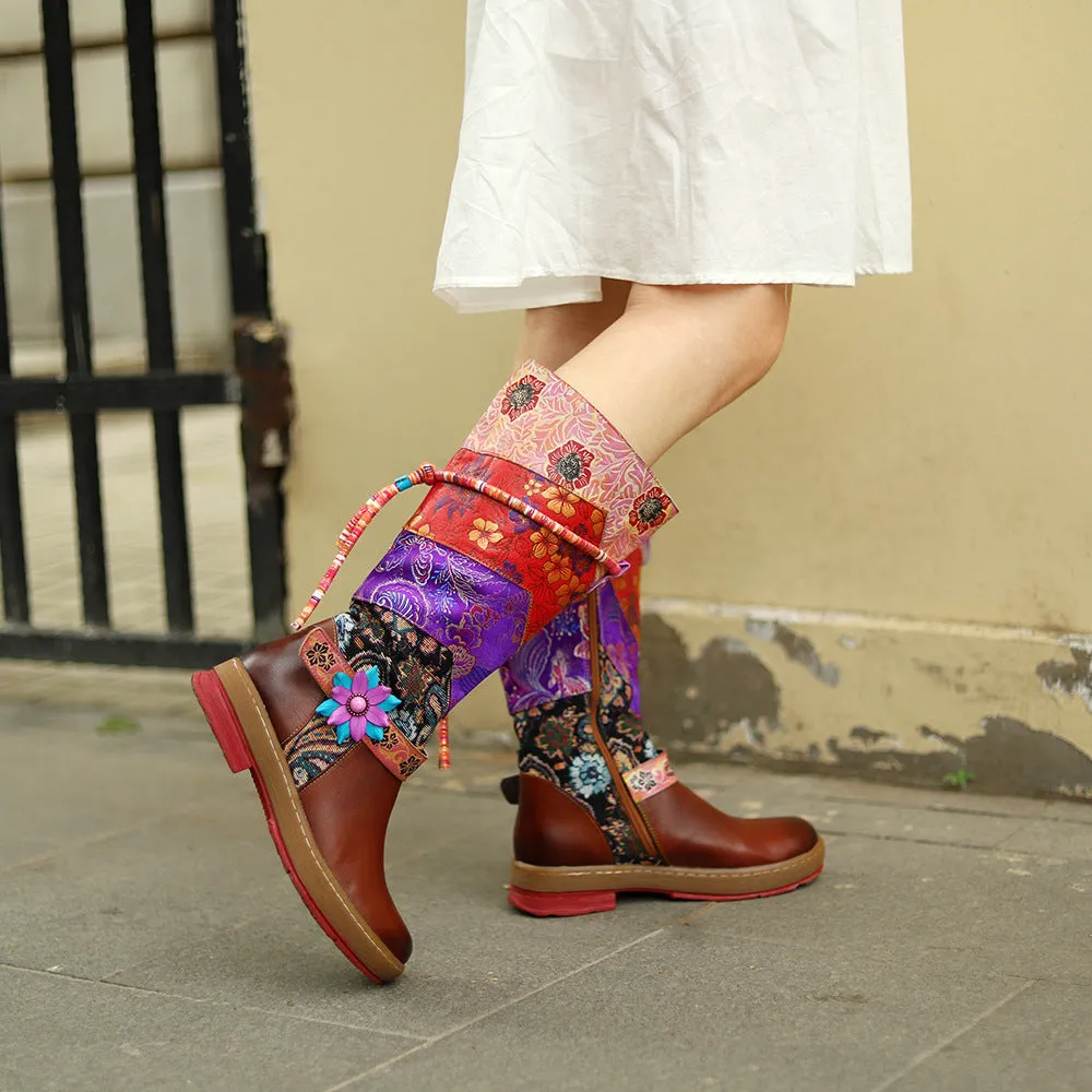 Women's ethnic red flower embroidery tassels knee high boots