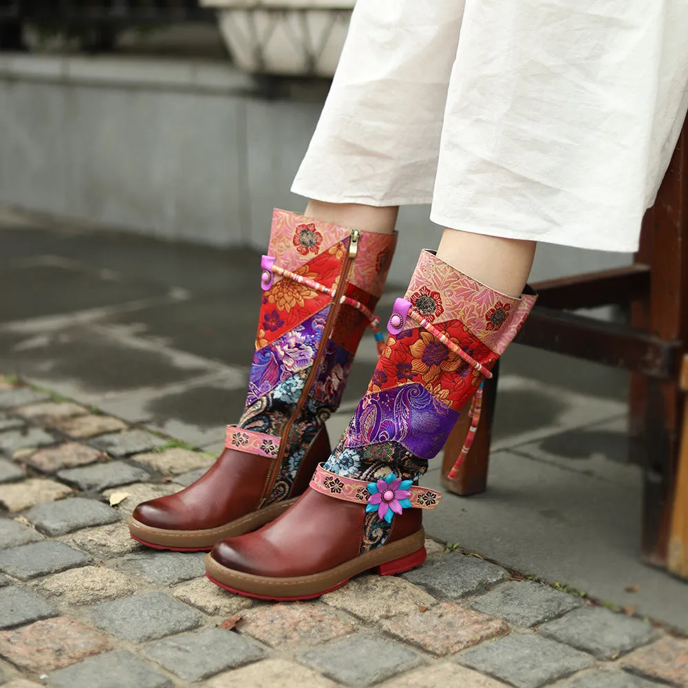 Women's ethnic red flower embroidery tassels knee high boots