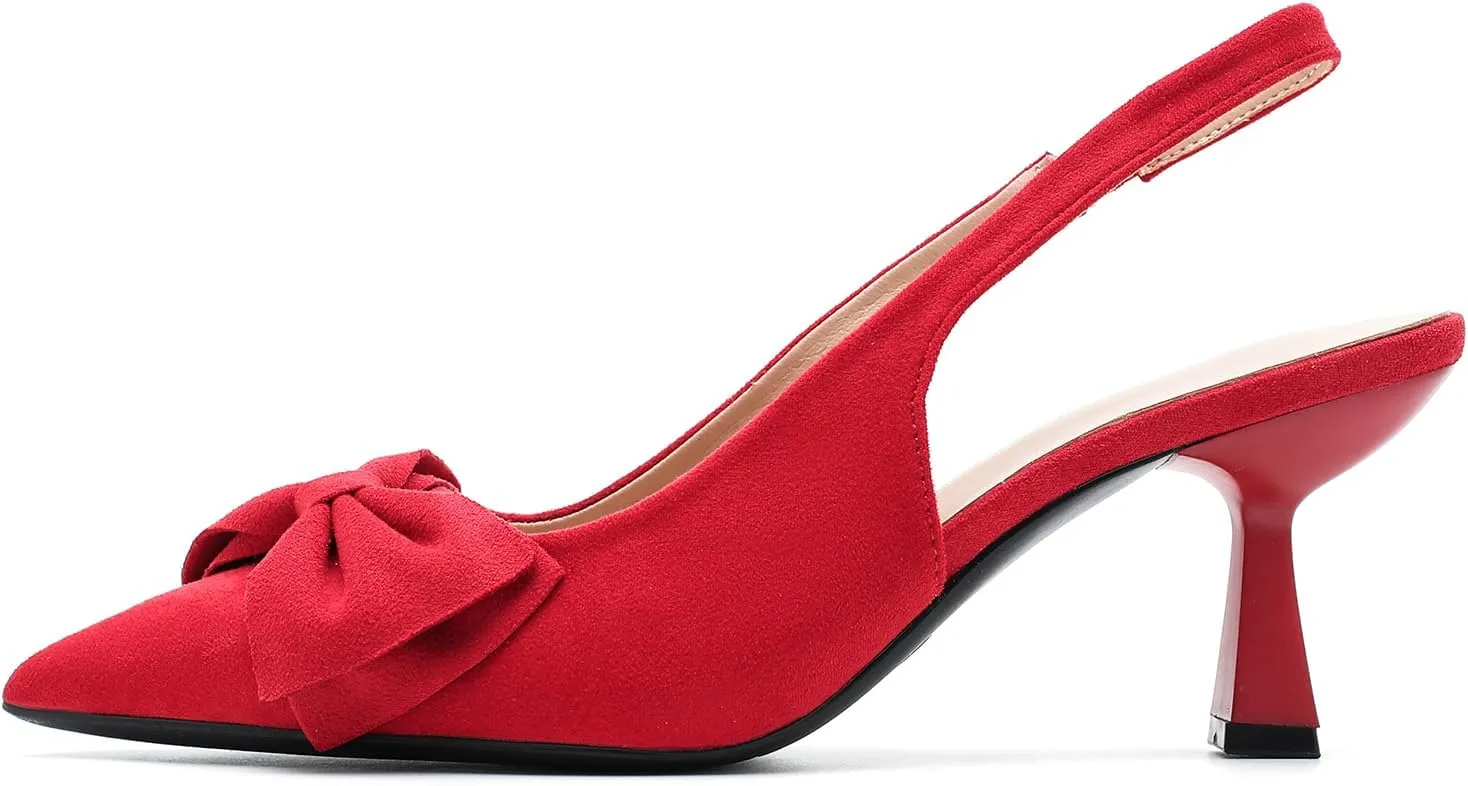 Womens Kitten Heels with Bow Slingback Pointed Closed Toe Low Stiletto Pumps Bridal Elegant Wedding Dress Shoes