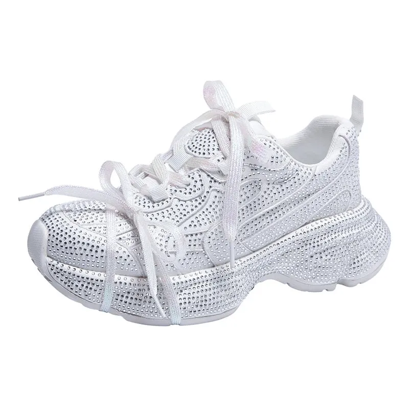 Women's Luxury Bling Platform Sneakers – High-Quality Fashion Lace-Up Tennis Shoes for Running & Outdoor Casual Wear