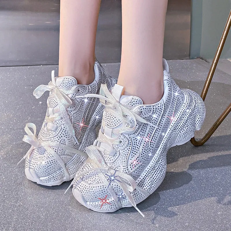 Women's Luxury Bling Platform Sneakers – High-Quality Fashion Lace-Up Tennis Shoes for Running & Outdoor Casual Wear