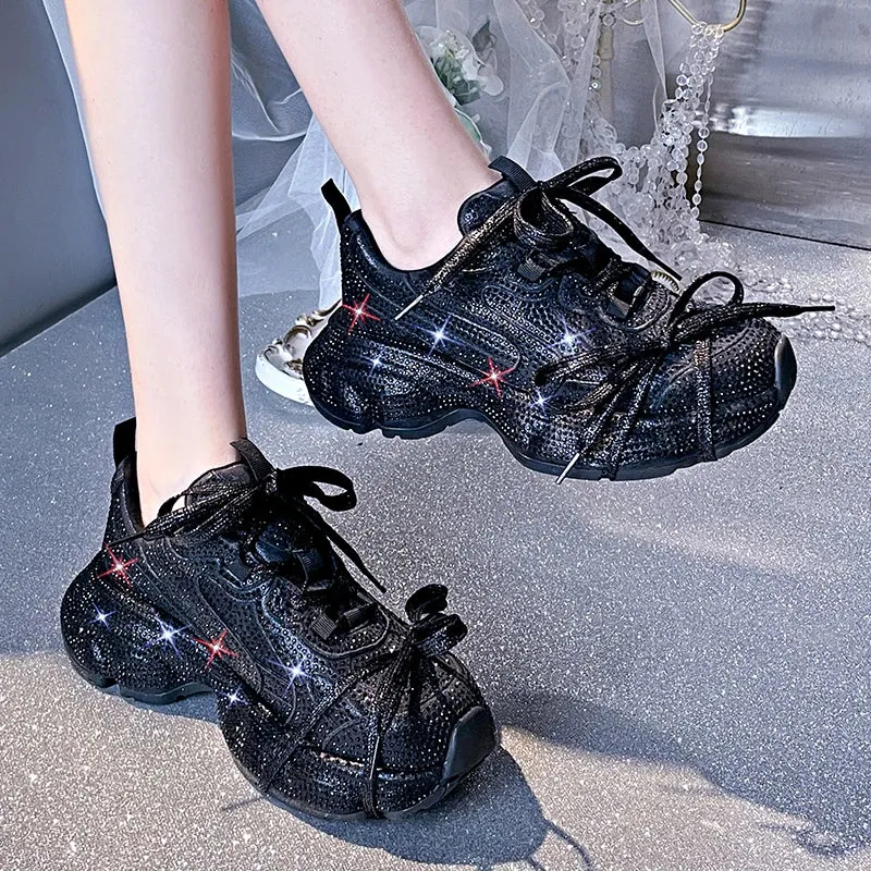 Women's Luxury Bling Platform Sneakers – High-Quality Fashion Lace-Up Tennis Shoes for Running & Outdoor Casual Wear