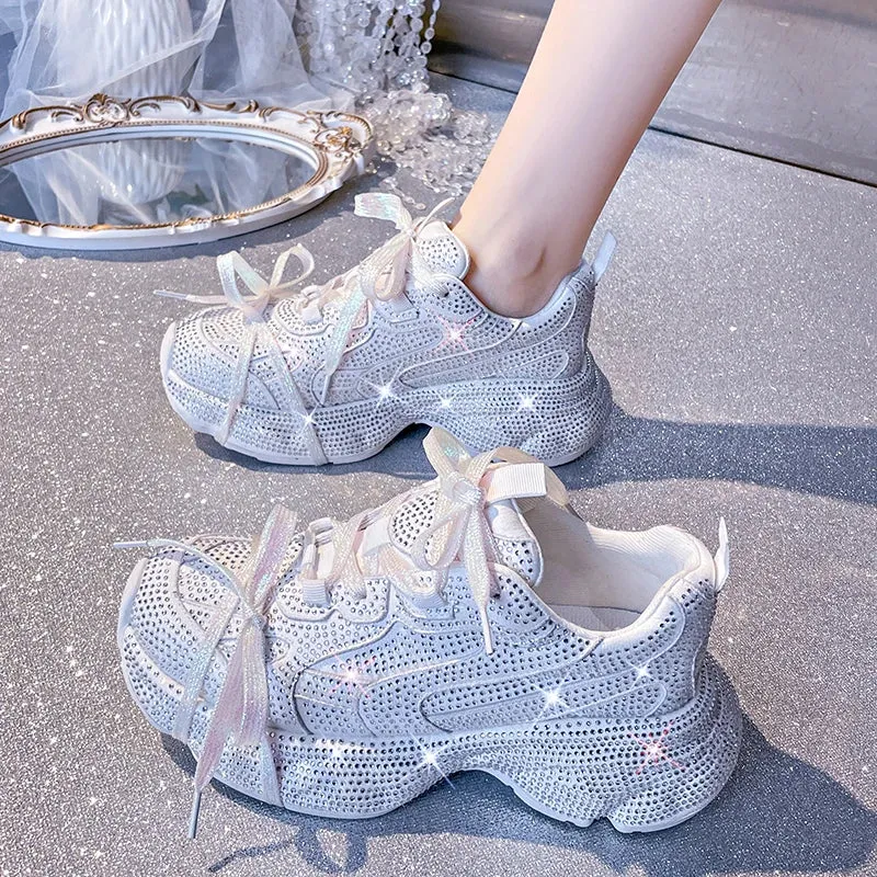Women's Luxury Bling Platform Sneakers – High-Quality Fashion Lace-Up Tennis Shoes for Running & Outdoor Casual Wear
