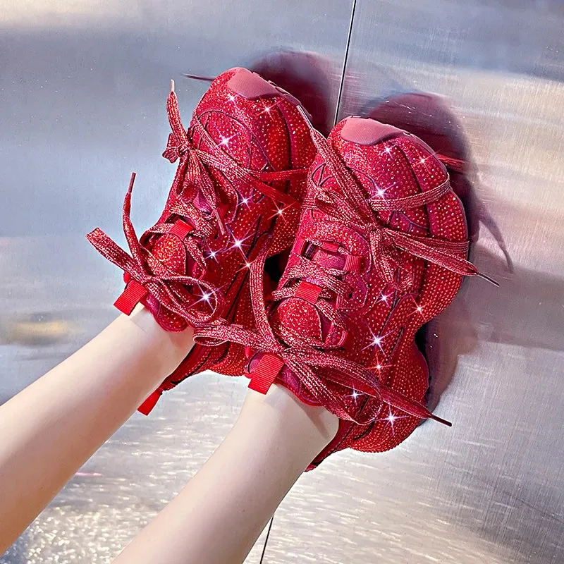Women's Luxury Bling Platform Sneakers – High-Quality Fashion Lace-Up Tennis Shoes for Running & Outdoor Casual Wear