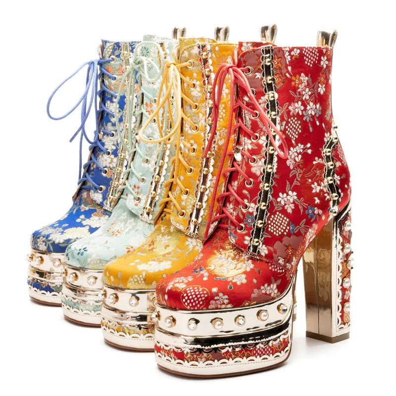 Women's luxury flower embroidery pearls chunky high heels booties lace-up ankle boots for party prom