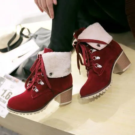 Women's plush fold-down cuff lace-up block heel ankle booties