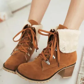 Women's plush fold-down cuff lace-up block heel ankle booties