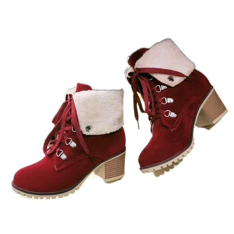Women's plush fold-down cuff lace-up block heel ankle booties