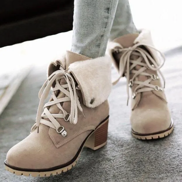 Women's plush fold-down cuff lace-up block heel ankle booties