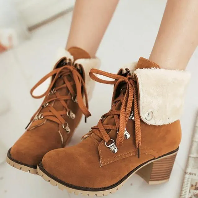 Women's plush fold-down cuff lace-up block heel ankle booties