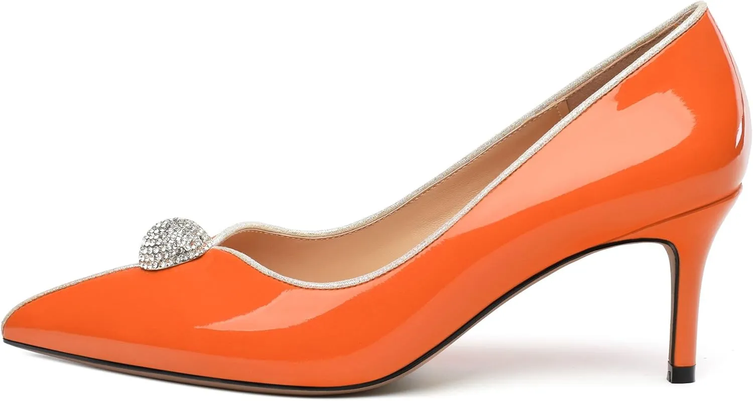 Women's Pointed Toe Heels for Women Stiletto Kitten Heel Slip-on Patent Pumps Elegant Dress Party Wedding Rhinestones Shoes 2.5 inch