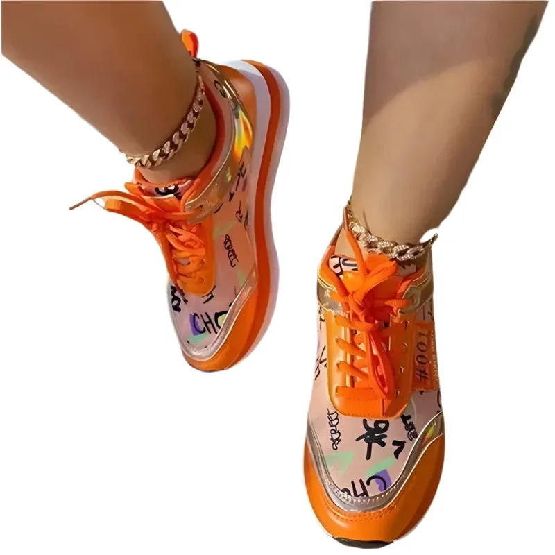 Women's Running Platform Sneakers - Thick Bottom, Casual Vulcanized Shoes, Orange, Sizes up to 43
