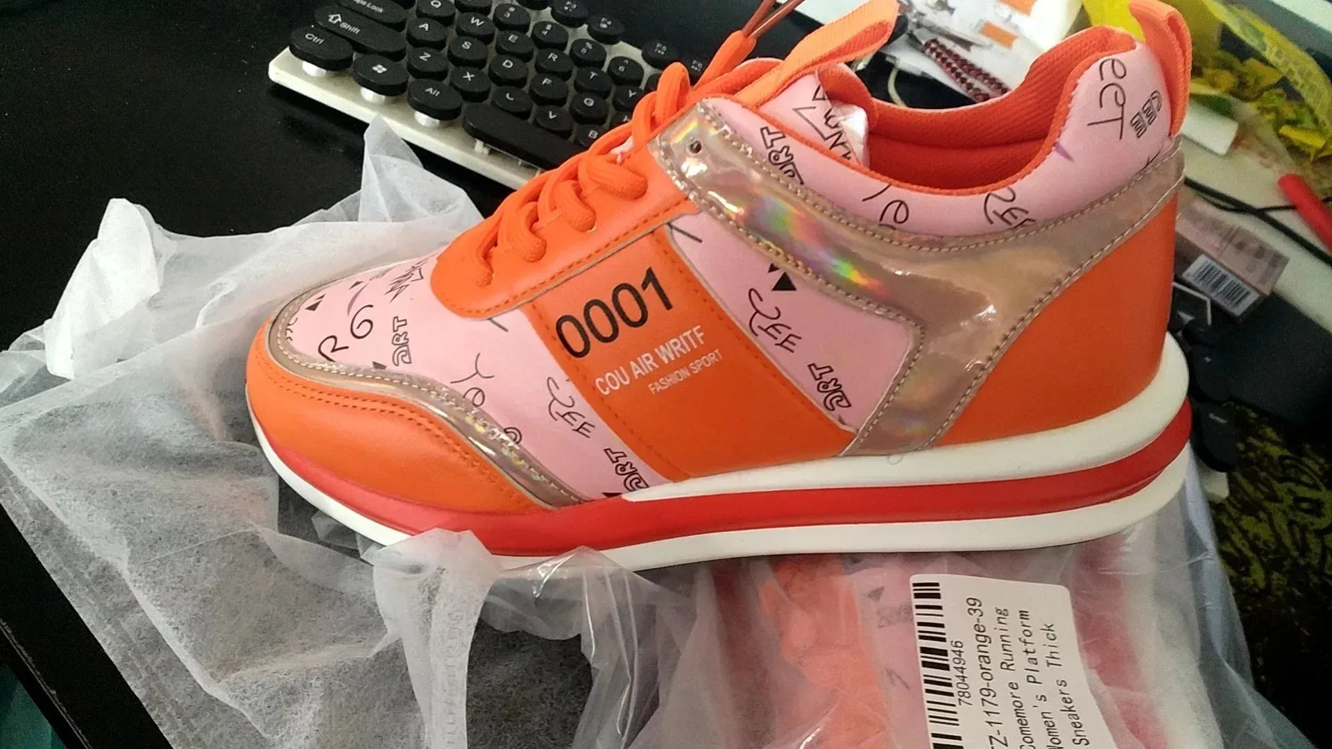 Women's Running Platform Sneakers - Thick Bottom, Casual Vulcanized Shoes, Orange, Sizes up to 43