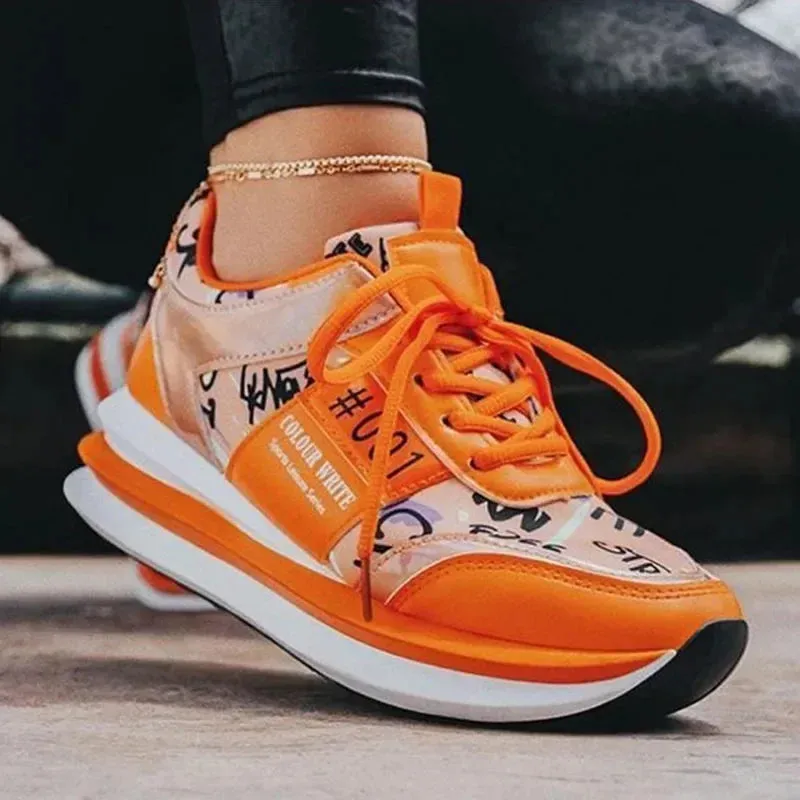 Women's Running Platform Sneakers - Thick Bottom, Casual Vulcanized Shoes, Orange, Sizes up to 43