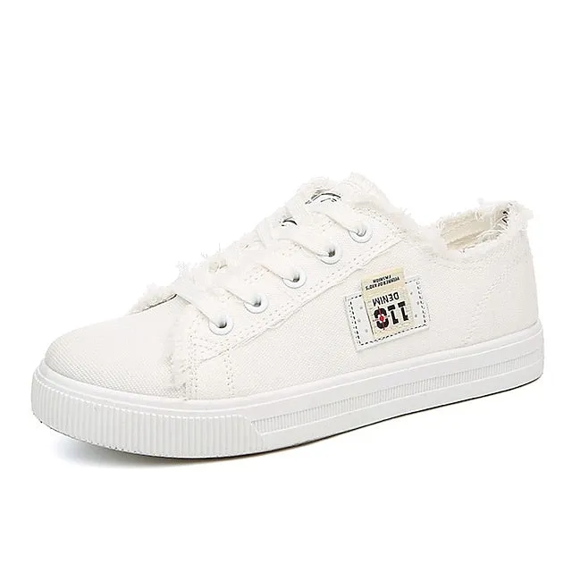 Women's Sneakers Canvas Shoes White Shoes Outdoor Office Work Summer Flat Heel Round Toe Classic Casual Preppy Walking Shoes Canvas Lace-up Solid Colored Black White Blue