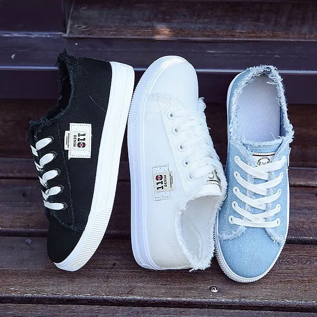 Women's Sneakers Canvas Shoes White Shoes Outdoor Office Work Summer Flat Heel Round Toe Classic Casual Preppy Walking Shoes Canvas Lace-up Solid Colored Black White Blue