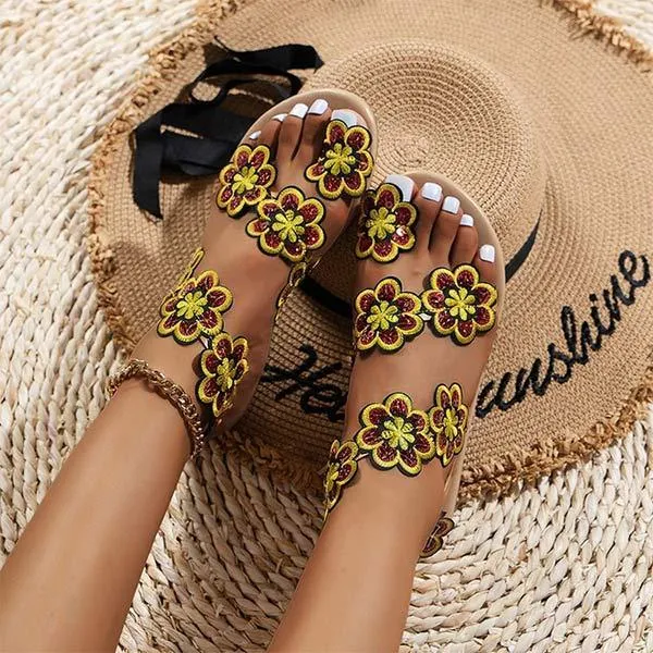 Women's Toe-Ring Bohemian Floral Sandals with Flat Soles 23700580C