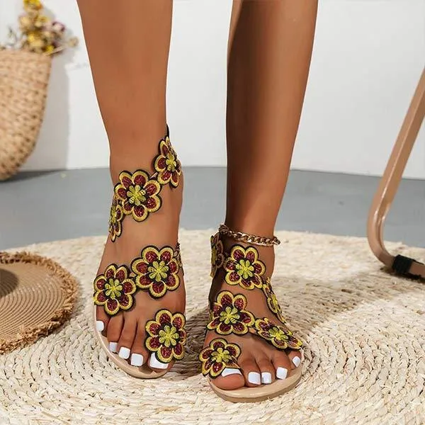 Women's Toe-Ring Bohemian Floral Sandals with Flat Soles 23700580C