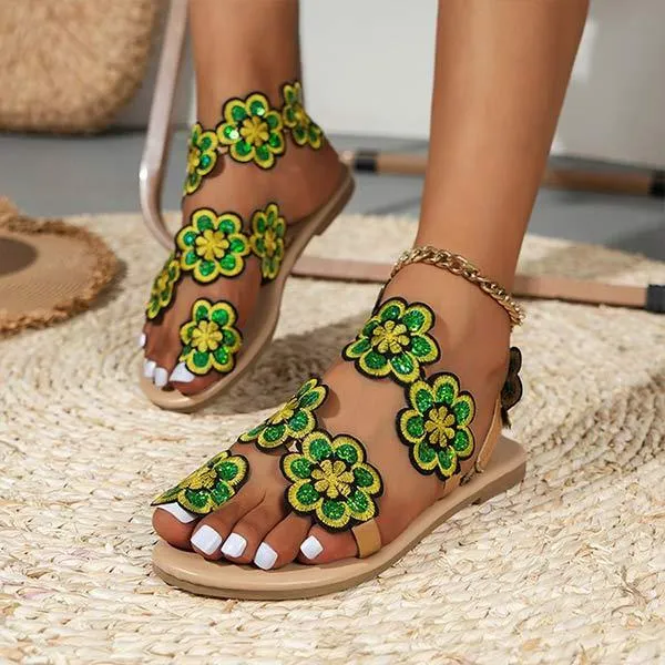 Women's Toe-Ring Bohemian Floral Sandals with Flat Soles 23700580C