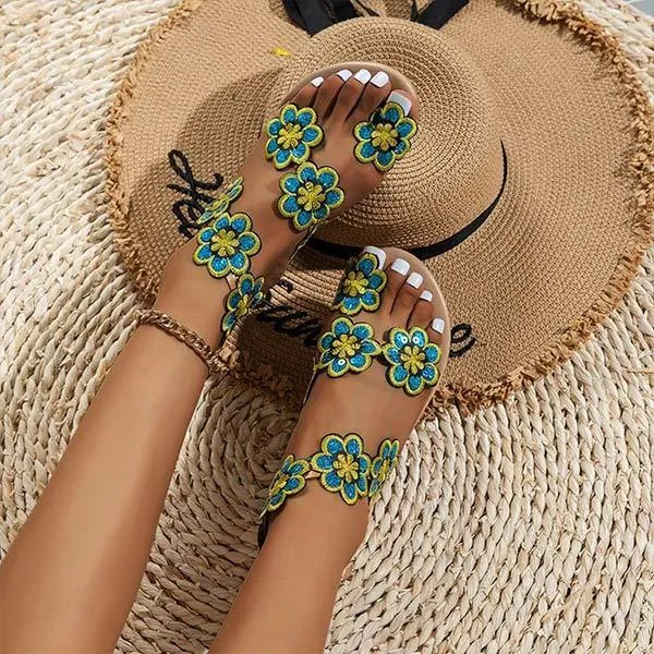Women's Toe-Ring Bohemian Floral Sandals with Flat Soles 23700580C