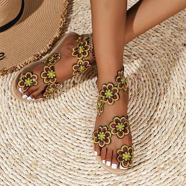 Women's Toe-Ring Bohemian Floral Sandals with Flat Soles 23700580C