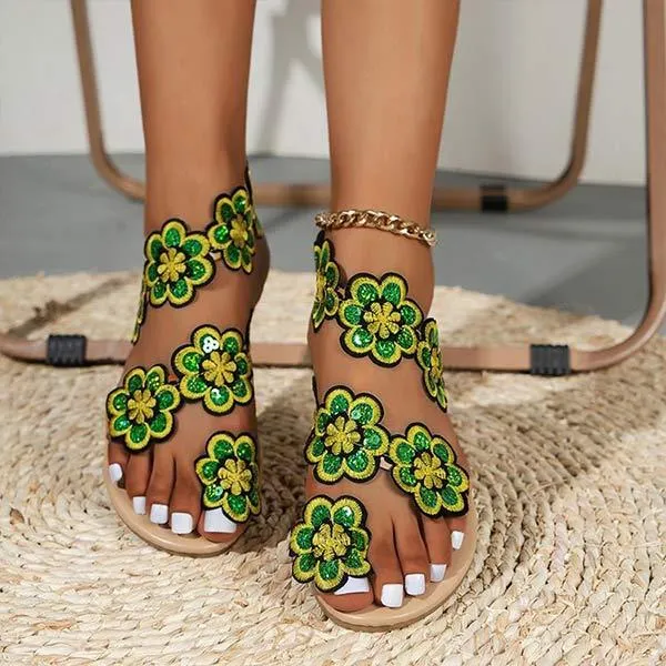 Women's Toe-Ring Bohemian Floral Sandals with Flat Soles 23700580C