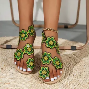 Women's Toe-Ring Bohemian Floral Sandals with Flat Soles 23700580C