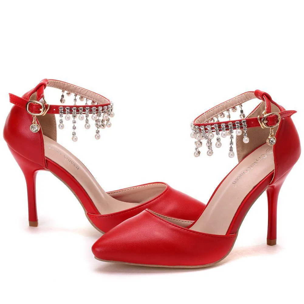Women's white closed toe wedding heels ankle pearls strap bridal heels