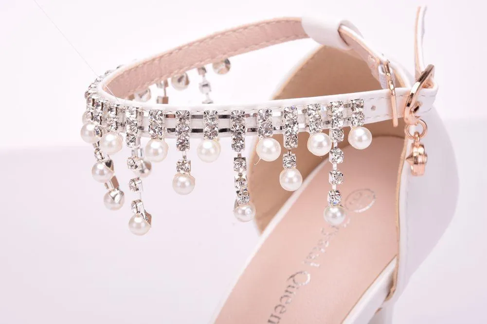 Women's white closed toe wedding heels ankle pearls strap bridal heels