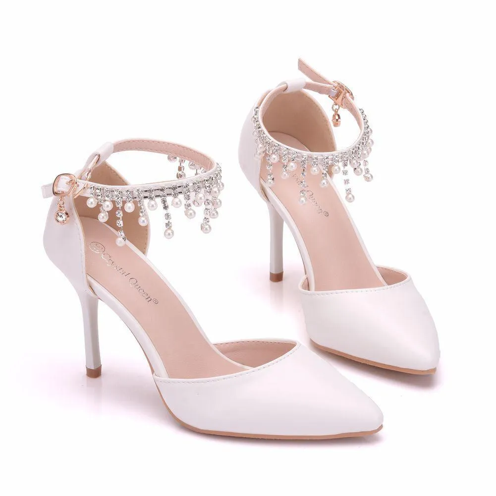 Women's white closed toe wedding heels ankle pearls strap bridal heels