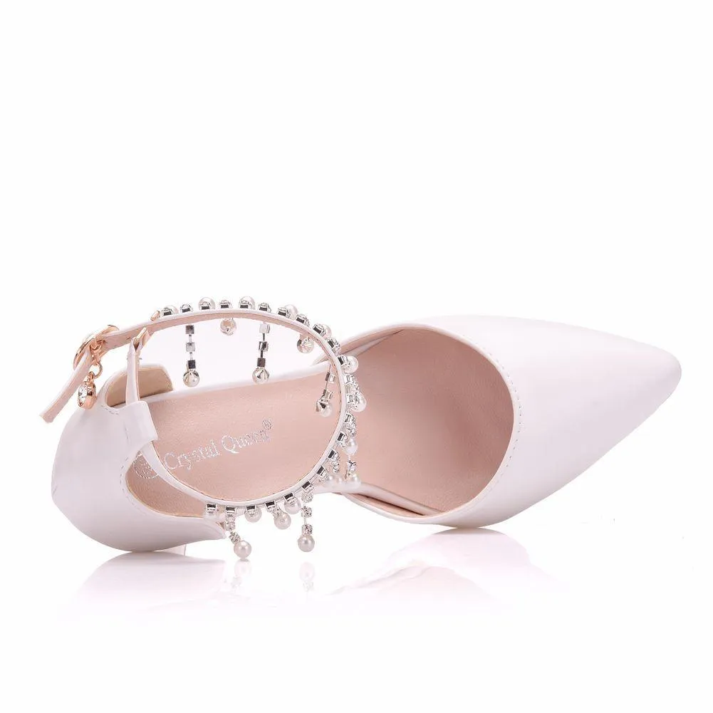 Women's white closed toe wedding heels ankle pearls strap bridal heels