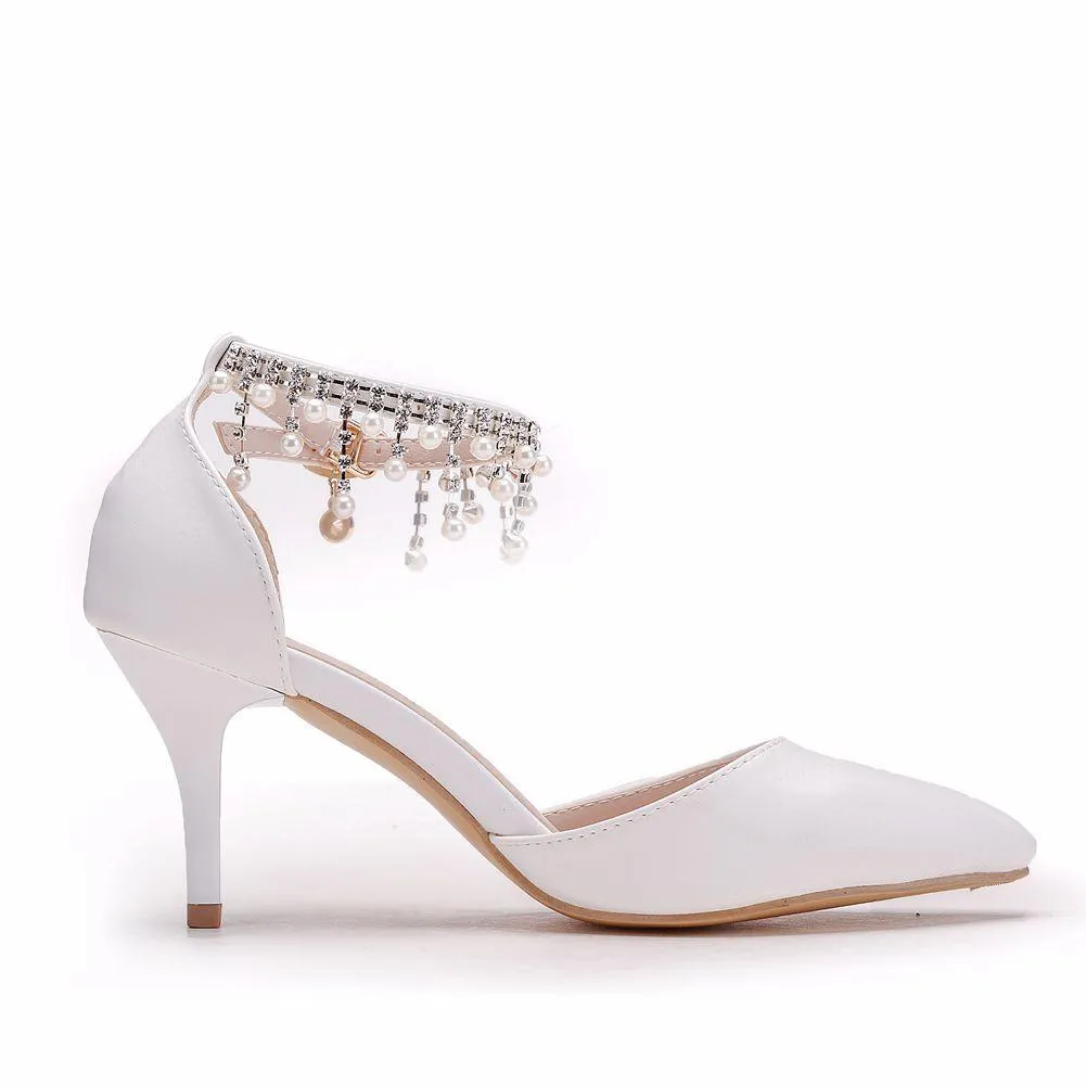 Women's white closed toe wedding heels ankle pearls strap bridal heels
