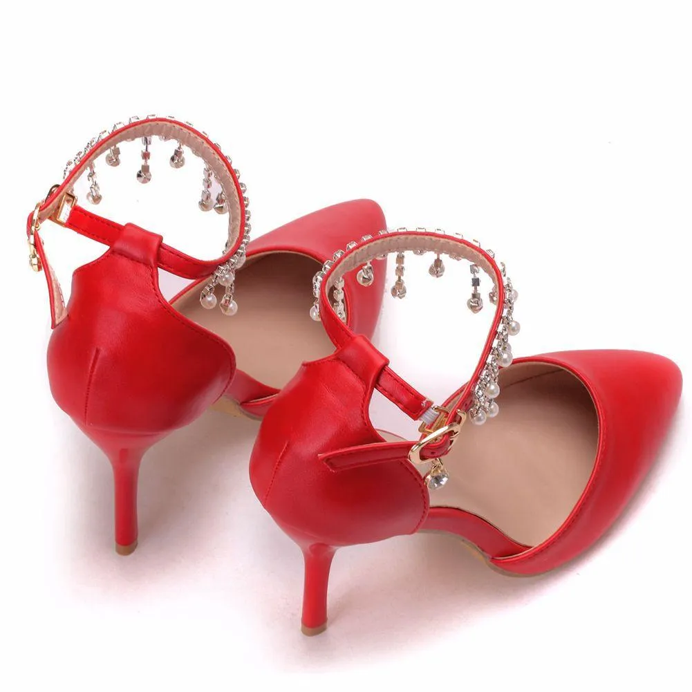 Women's white closed toe wedding heels ankle pearls strap bridal heels